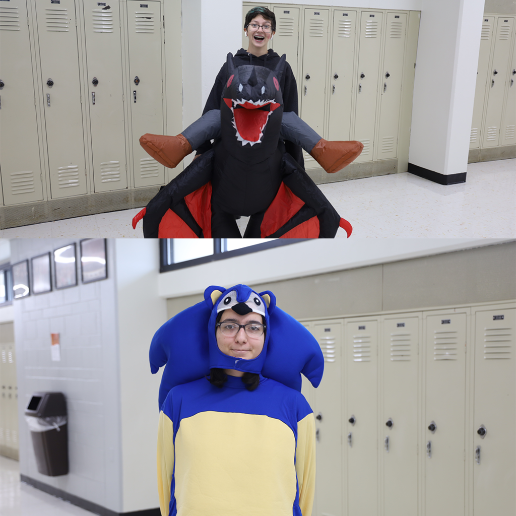 Student in a dragon costume and sonic the hedgehog