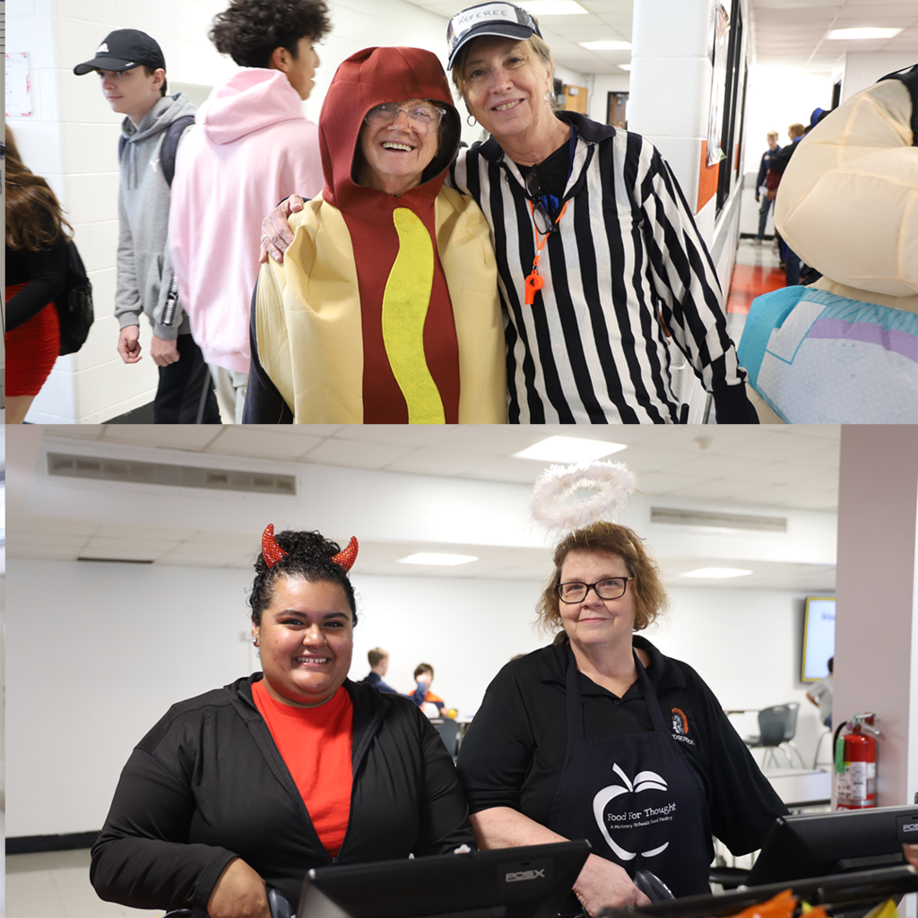 Staff dressed in hot dog costume, referee, angel and devil