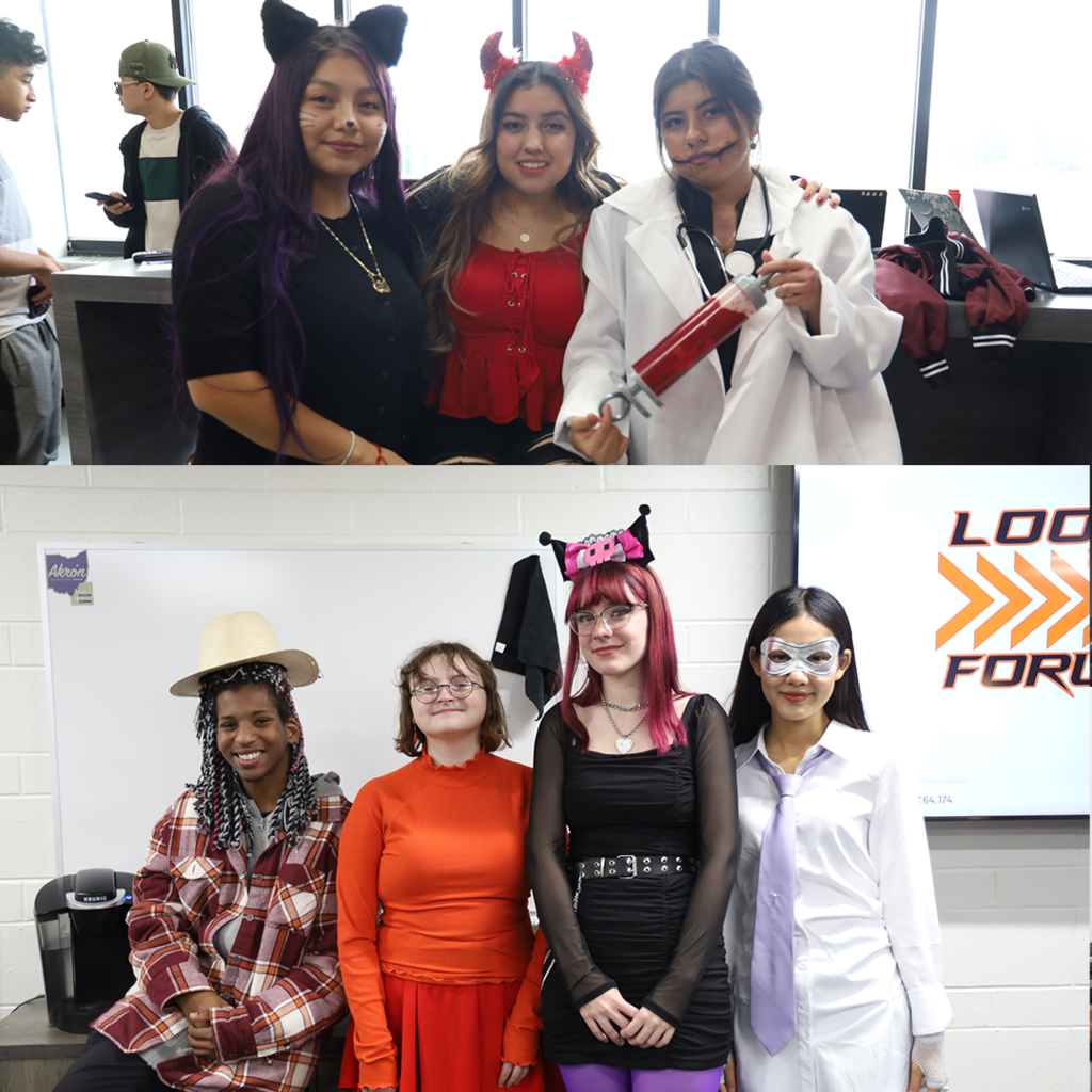 Students in various costumes cat, devil, doctor, Velma