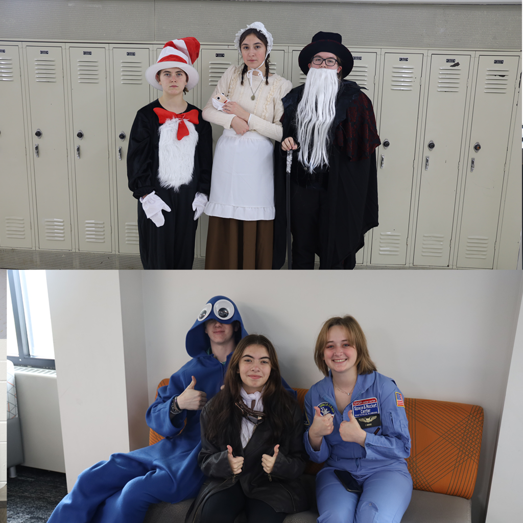 Students in cat and the hat, couple, cookie monster, and pilot costumes