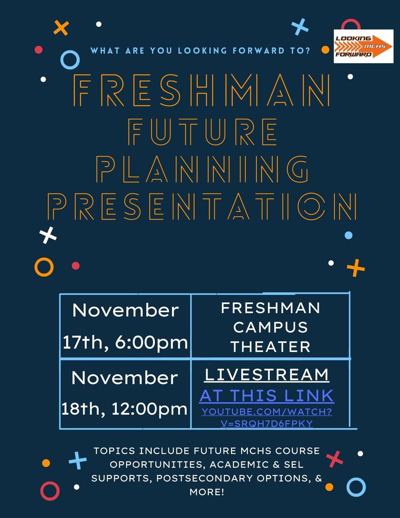 What are yo looking forward to? Freshman Future Planning presentation. November 17 6 p.m. Freshman Campus Theater November 18, 12pm livestream, topics include future MCHS course opportunities, academic and SEL supports, postsecondary options and more!