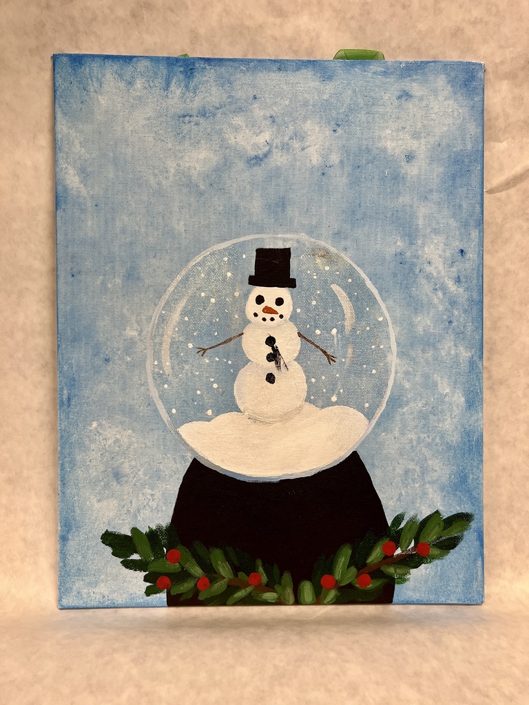 Painting example of a snowman in snow globe
