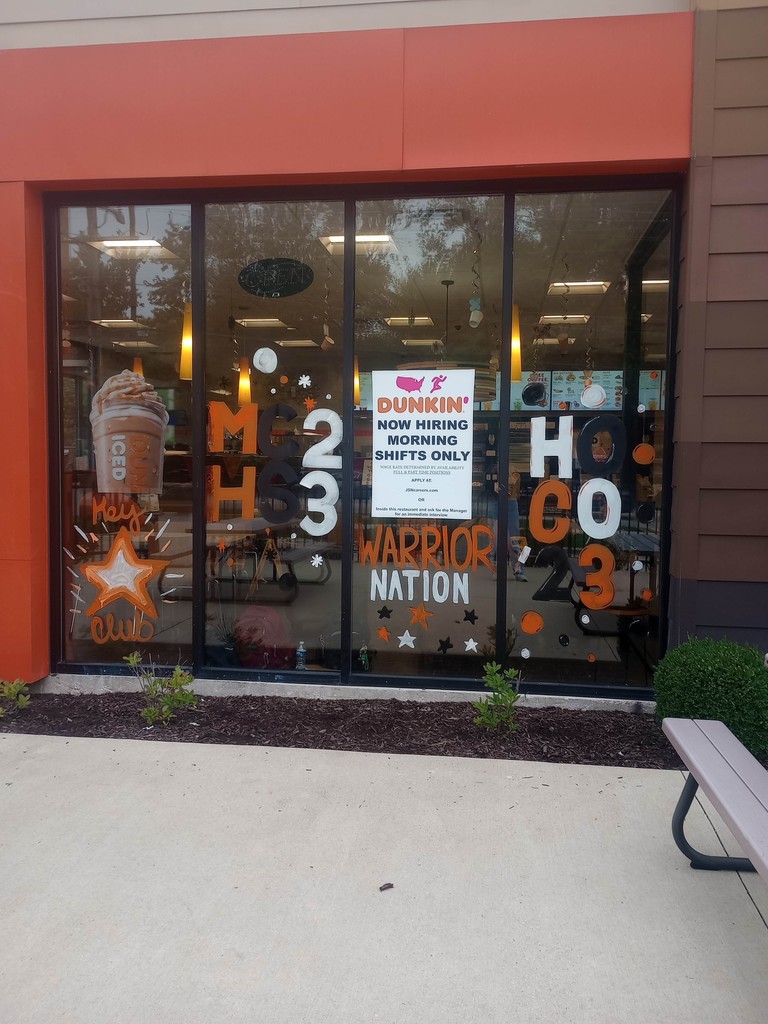 Dunkin Donuts Windows decorated with Warrior Nation HoCo2023
